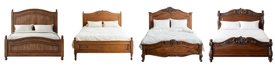 Collection of antique wooden carved bed frames with ornate headboards and posts showcasing...