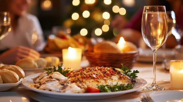 Festive dinner setting with sparkling wine and candles in cozy holiday atmosphere