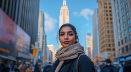 City Life Portrait: A young woman with a determined gaze stands confidently in the heart of a bustling city, framed by towering skyscrapers. Her presence exudes strength and urban sophistication. 