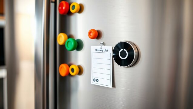 Kitchen Organization Hub. Smart home button mounted on refrigerator surface next to colorful magnets and grocery list holder.