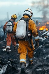 Fototapeta premium Firefighters courageously navigate through the aftermath of a blaze, prioritizing safety and teamwork amidst the destruction. Generative AI