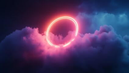 Glowing neon ring above clouds at night.