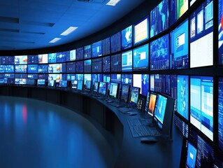 A large curved bank of multiple monitors displaying various data and charts in a dark room