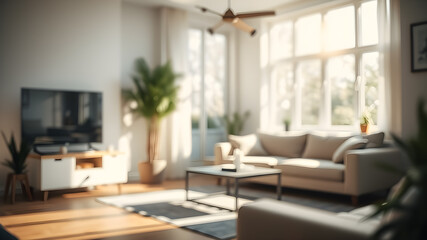 Fototapeta premium Blur living room at home with morning sunlight at big window for background usage. blur interior background concept. white, bright tone. Generative AI