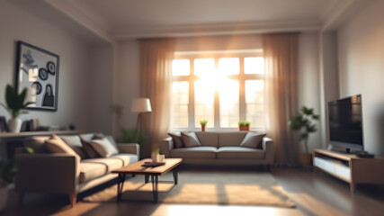 Blur living room at home with morning sunlight at big window for background usage. blur interior background concept. white, bright tone. Generative AI