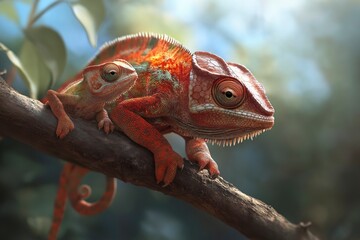 Fototapeta premium Chameleons basking peacefully on a branch in a vibrant jungle setting during the warm afternoon light. Generative AI