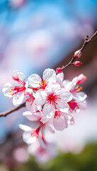 Cherry blossom, sakura flowers in spring time. Water color twig, blurry foreground, with white tones