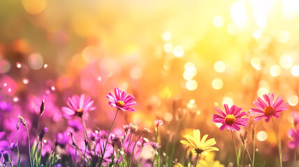 Fototapeta premium Vibrant Pink and Yellow Flowers Blooming in Sunlight