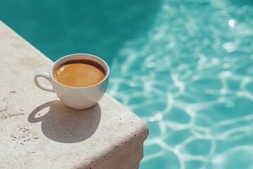 Warm coffee cup resting on a ledge by a sparkling pool in bright sunlight during afternoon
