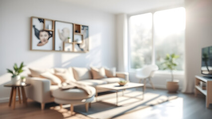 Fototapeta premium Blur living room at home with morning sunlight at big window for background usage. blur interior background concept. white, bright tone. Generative AI