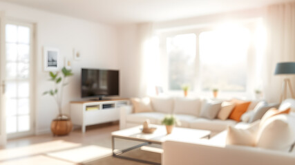 Blur living room at home with morning sunlight at big window for background usage. blur interior background concept. white, bright tone. Generative AI