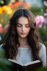 Obraz premium National Reading Month Young caucasian female reading in garden surrounded by colorful flowers