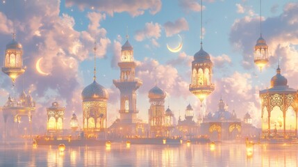 Golden Cityscape Illuminated By Floating Lanterns At Dusk