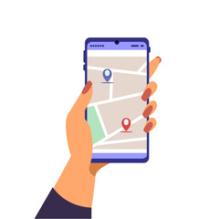 Smartphone in hand. Navigation, route. Vector illustration, simple cartoon style.
