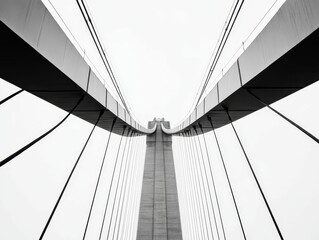 Naklejka premium Symmetrical suspension bridge with cables in black and white.
