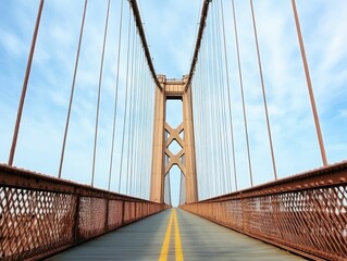 Suspension bridge with tall towers and many steel cables.