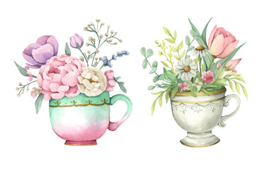 Watercolor floral arrangement in cup.