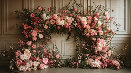 Beautiful floral backdrop featuring an elegant arrangement of pink and cream roses with delicate greenery, perfect for themed events and photography sessions