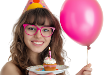  Portrait of a smiling young woman wearing pink glasses and a party hat, holding a balloon. She is also holding a plate with a cupcake and a candle on a transparent background 