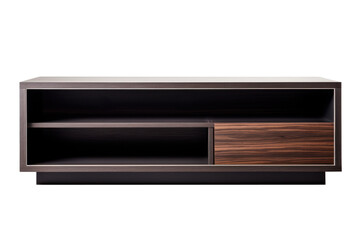 modern elegant wooden tv stand with open shelves isolated on white or transparent png