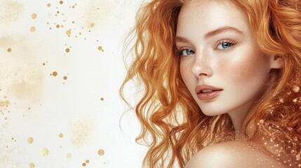 Stunning Redhead Woman with Freckles Curly Hair and Gold Sparkle Background