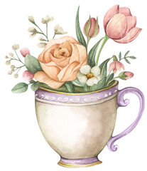 Watercolor floral arrangement in cup.