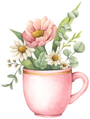 Watercolor floral arrangement in cup.
