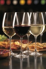 Naklejka premium Selection of red and white wine glasses with cheese and grapes on table