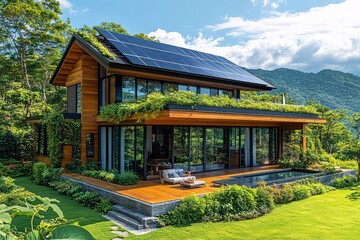 This eco-friendly home highlights sustainability Earth Day , featuring solar panels, lush greenery, and modern design promoting renewable energy and environmental harmony