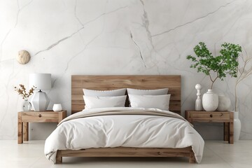 Bedroom interior design with a marble accent wall behind the bed, wooden side tables, and soft beige bedding for a serene ambiance.