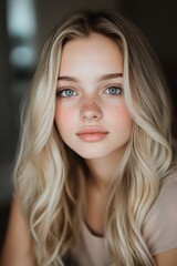 Naklejka premium Young caucasian female with blonde hair and blue eyes looking at camera