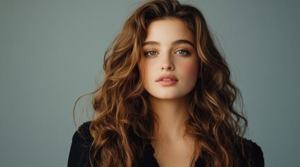 Naklejka premium Caucasian young female with long wavy hair and blue eyes posing against gray background