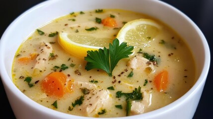 Turkey Neck Soup Day Creamy lemon chicken soup with vegetables and herbs in a white bowl
