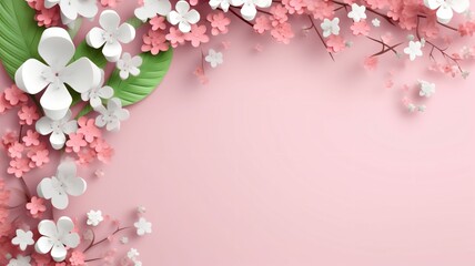 Obraz premium Delicate Floral Arrangement on Soft Pink Backdrop with Green Leaves