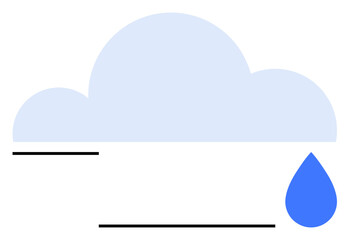 Cloud shape paired with a blue raindrop and black lines. Ideal for weather forecasting, technology, data storage, cloud computing, environment, minimalism, abstract line flat metaphor