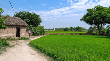 Obraz premium Rural Village Landscape with Rice Paddy