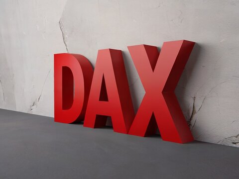 Stylized red DAX Lettering in Bold Red Against a Textured Wall Surface Symbolizing a Decrease on German Stock Markets