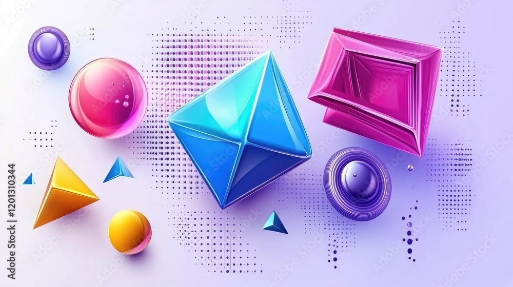 Fototapete abstract d geometric shapes in vibrant colors floating against a minimalist background, creating a m