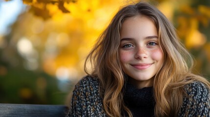 Fototapeta premium Plan a Solo Vacation Day Smiling caucasian teen girl in autumn sweater with golden leaves background