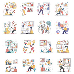 set business flat vector illustration design cartoon character working action style concept. online video conference meeting. finance investment business planning. data analytics. finance investment.
