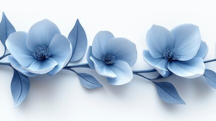 Three pastel blue flowers and leaves on a branch.