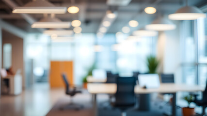 Blurred empty open space office. Abstract light bokeh at office interior background. Generative AI