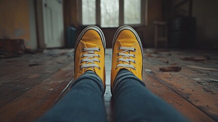 Yellow shoes, abandoned house, renovation, wood floor, feet