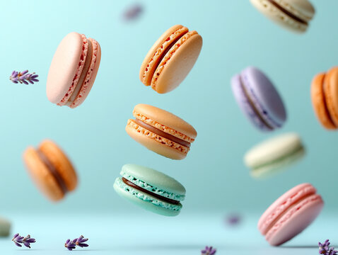 Colorful macarons floating among lavender flowers