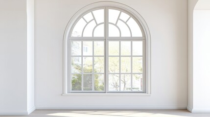 Fototapeta premium Elegant arched window with view of trees and buildings bright sunlight minimalist interior design