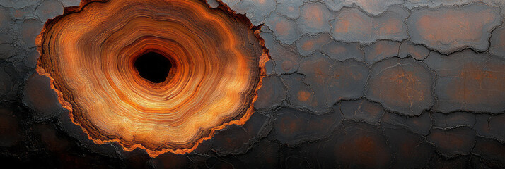 A detailed cross-section of a tree trunk, illustrating the rings, bark layers, and internal structure that reveal its age and growth patterns,