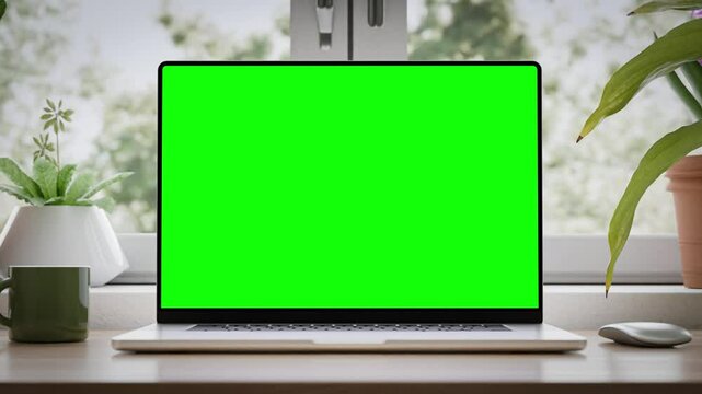 The laptop opens on a desk in a stylish home office, revealing a green screen. Swaying trees in the background. It includes a tracking screen layer, matte, and a CGI render. Last 120 frames are looped