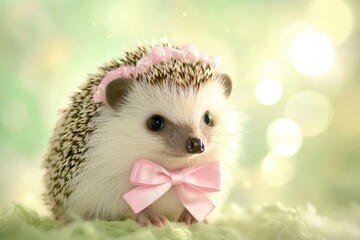 Adorable hedgehog in pink bow and headband with soft green background