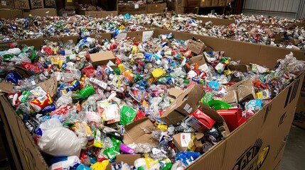 Obraz premium Overflowing cardboard box filled with various recyclable materials such as plastic, paper, and cardboard packaging.