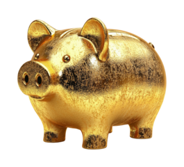 Shiny golden piggy bank savings concept on high fidelity financial growth representation isolated on transparent background png